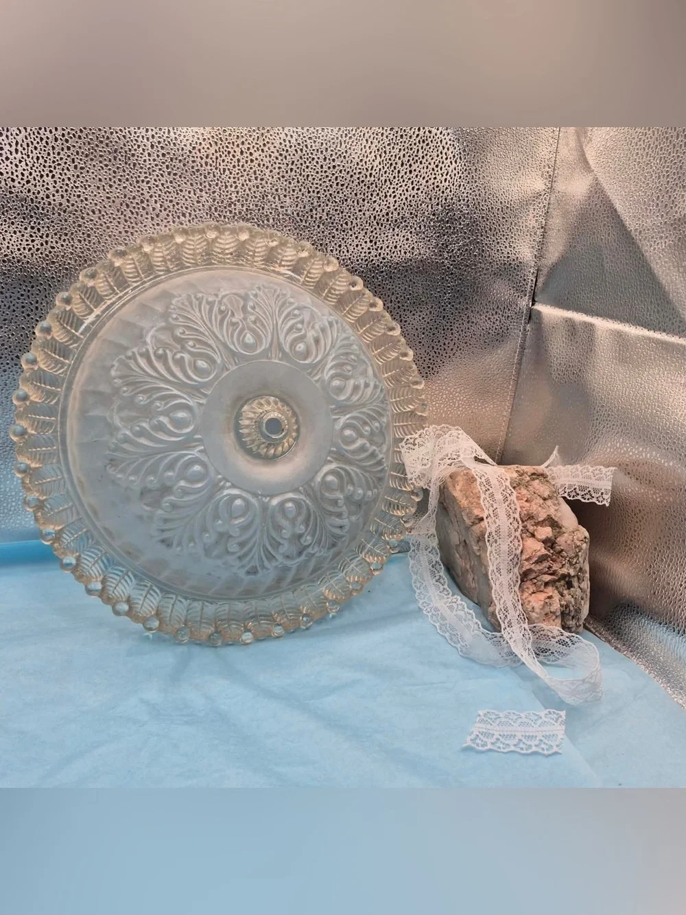 Antique 1930s Frosted Light Blue Glass Ceiling Light Shade Cover by Moe Bridges